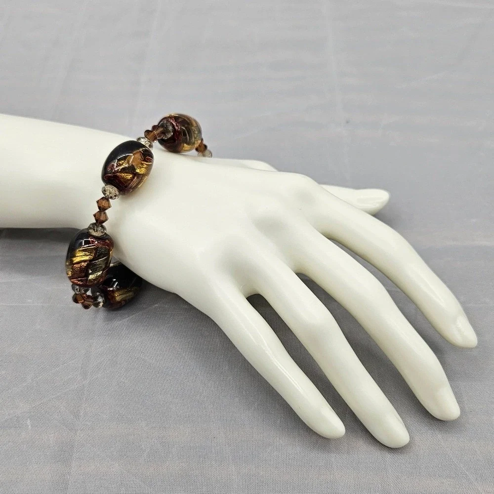 Murano Style Art Glass Bracelet Black Brown Gold Sparkle‎ Accents Beads